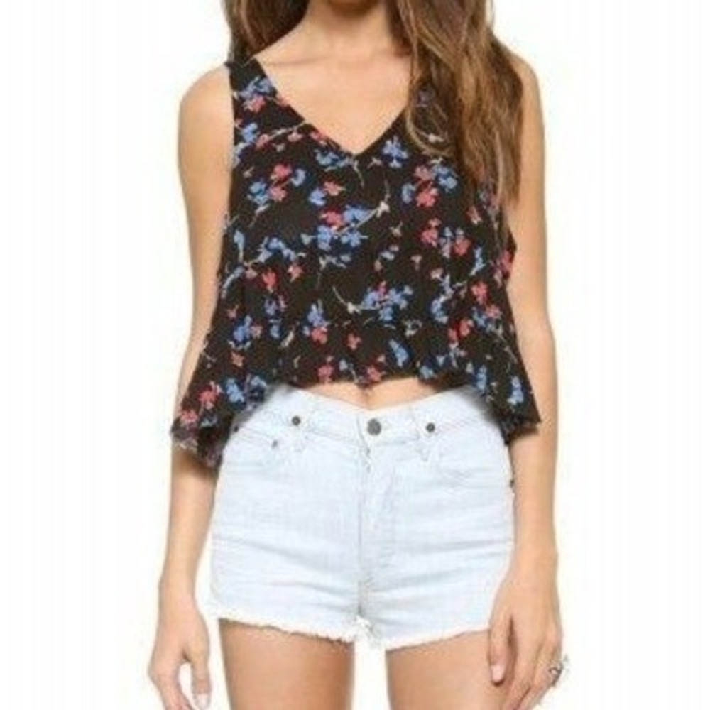 Intimately Free People Black Floral‎ Ruffle Crop Tank Top V-Neck Rayon Small